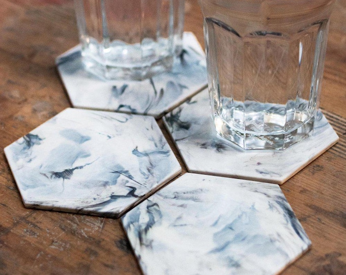 Recycled Ocean Plastic Coasters | Hexagon Marble Design | Eco-Friendly - Set of 4