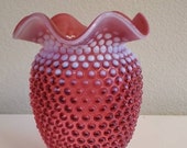 Fenton 8 Pink Cranberry Opalescent Hobnail Glass Ruffled Crimped Rim Vase