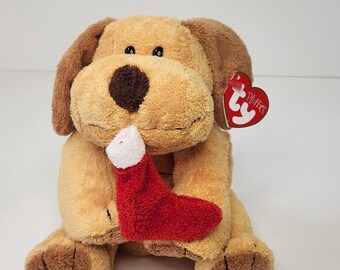 Vintage Ty Pluffies Goodies the Dog - Plush Puppy Holding Red Christmas Stocking 2004 - MWMT