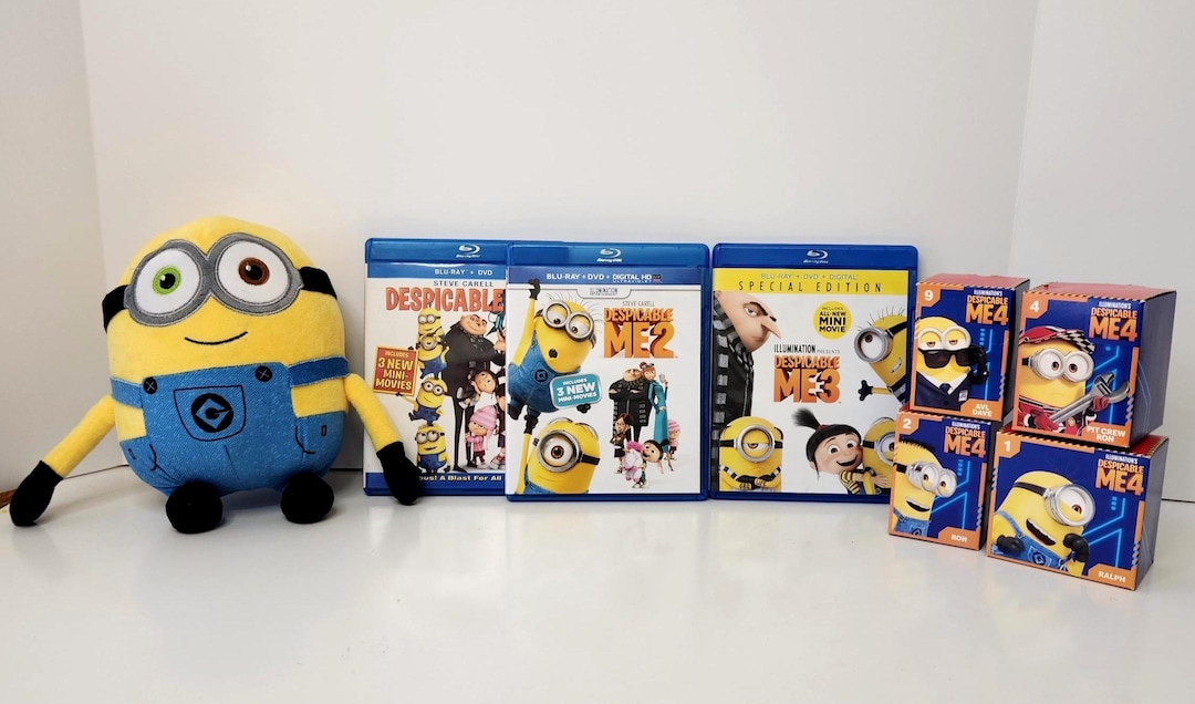 Despicable Me Trilogy Blu-ray DVD Movie Lot & Minion Plush Bundle