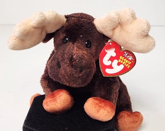 Vintage Ty Beanie Baby Zeus the Moose - Dark Brown Plush with Large Cream Antlers 2002 - MWMT