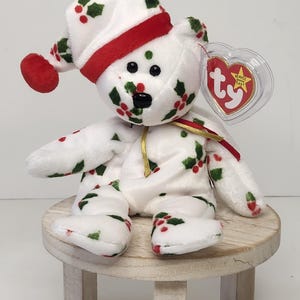Ty Jingle 1998 Holiday Teddy Bear Christmas Ornament Vintage Collectible 90s Beanie Babies White Holly Bear