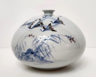 Signed Vintage Korean Baekja (White Porcelain) Moon/Squat Vase | Master Kim Jeong Muk (Donggok) | Cobalt Flying Crane Art Pottery