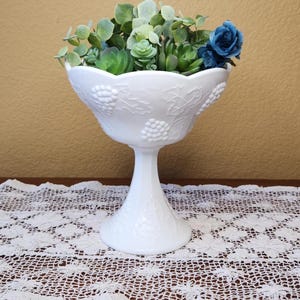 Vintage Indiana Glass Harvest Grape Milk Glass Compote Bowl.
