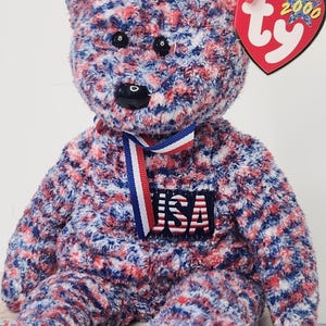 May include: A plush teddy bear with a textured red, white, and blue variegated pattern. The bear features black plastic eyes and a black nose. A ribbon with red, white, and blue stripes is tied around the neck. A patch with the text USA is on the chest.