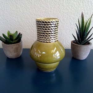 Vintage Mid - Century  Japanese Pottery Olive Green Rope Vase