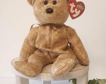 Ty Beanie Baby Cashew the Bear - Rare Retired 2000/2002 Vintage Plush - Light Brown Teddy with Pink Ribbon