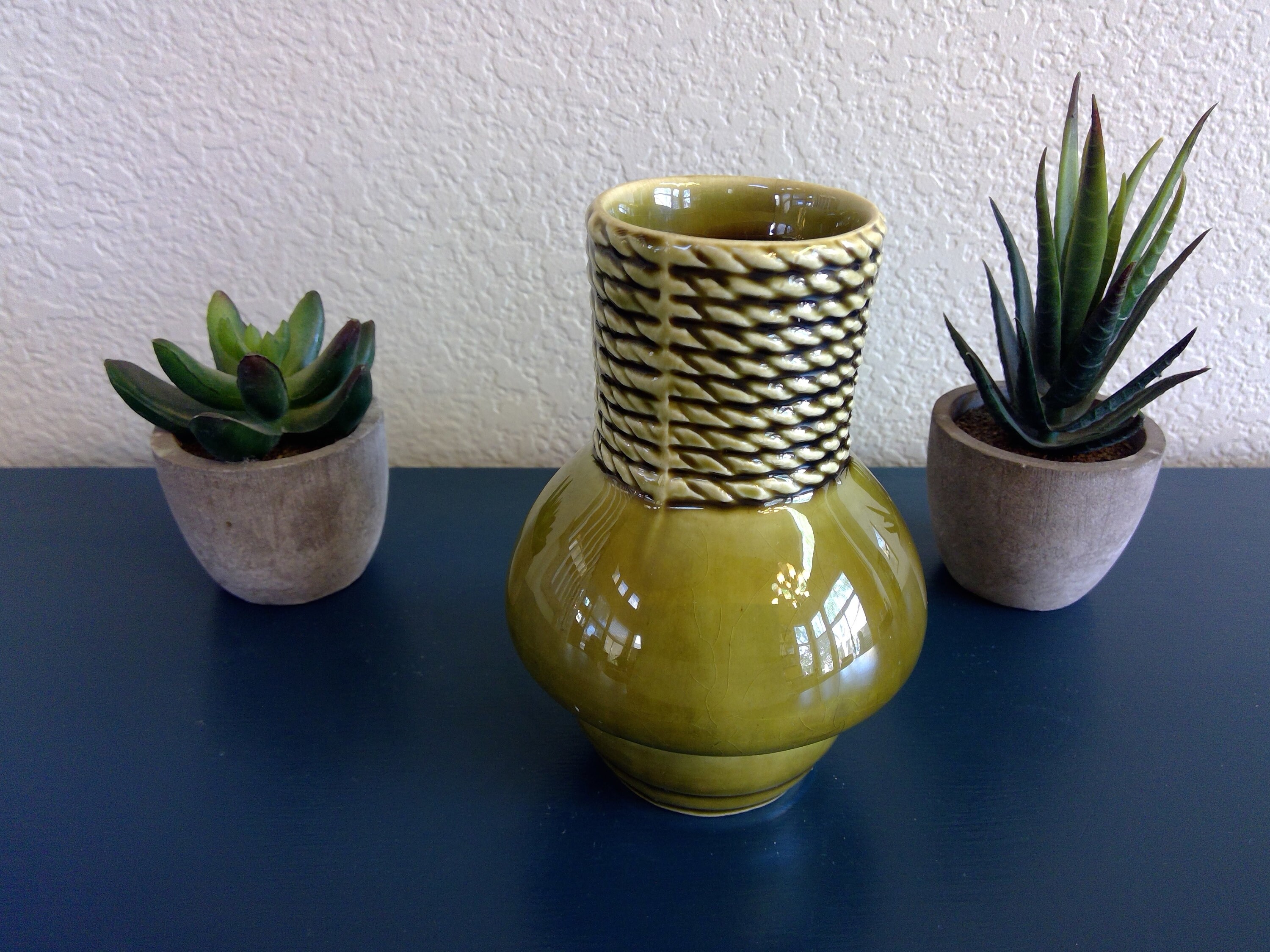 Vintage Mid Century Modern Avocado Green Vase With Rope Detail