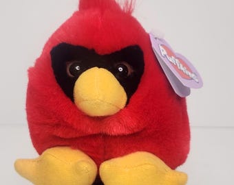 Vintage 1998 Swibco Puffkins Casey the Cardinal Red Bird Plush Stuffed Animal Original Purple Heart Tag 90s Beanie Ball