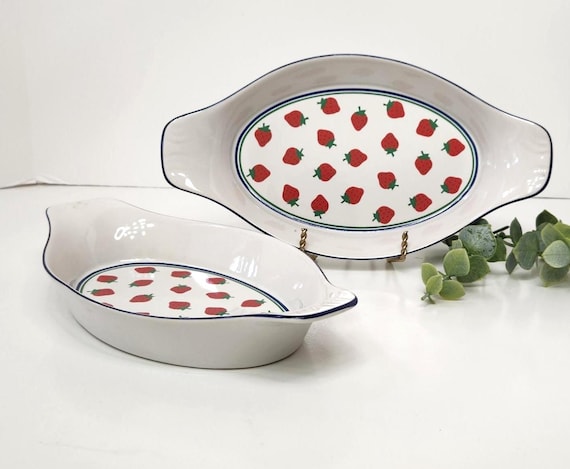 Vintage Potpourri Press Strawberry Au Gratin Dishes, Set of 2 Ceramic Oval Bakers, Made in Japan 1980s Retro Kitchen