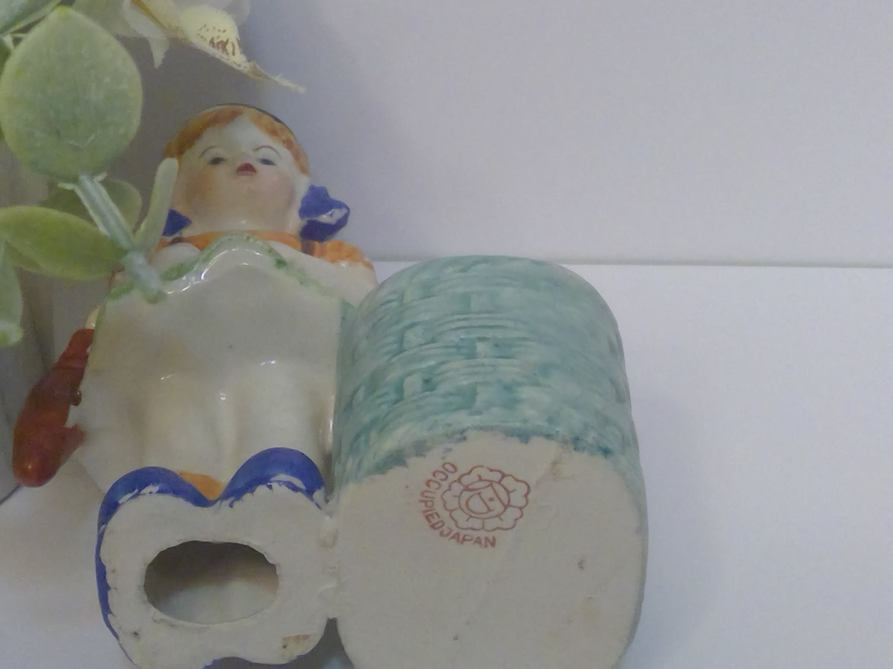 Porcelain Girl With Backpack and Umbrella Vintage Figurine