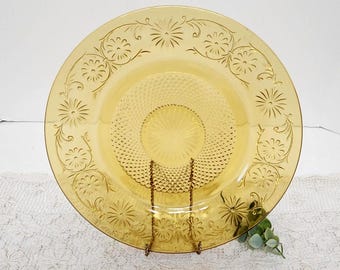 Vintage Indiana Glass Amber Daisy Plate | Tiara Exclusives Floral Etched Border | Diamond Pattern Center Mid-Century