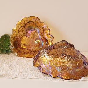 Pair of Vintage Loganberry Iridescent Amber Carnival Glass 7” Bonbon Bowl by Indiana Glass/ 30s