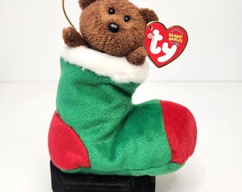 Vintage Ty Beanie Baby Stockings the Bear - Brown Teddy Bear Sitting in Christmas Stocking 2003 - MWMT