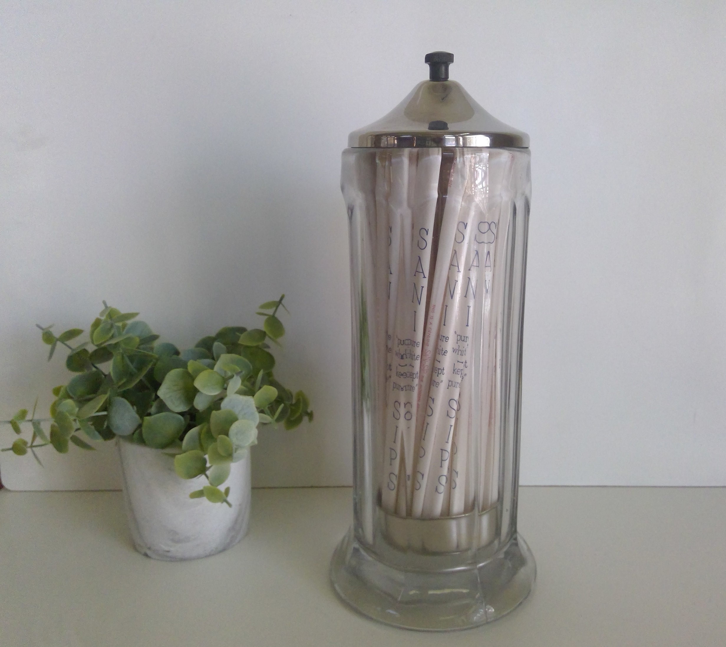 Glass and Copper Straw Dispenser Holder. 50s Kitchen Diner Glass Decor.  Clear Designs Straw Holder Retro Restraint Style Copper Kitchen 