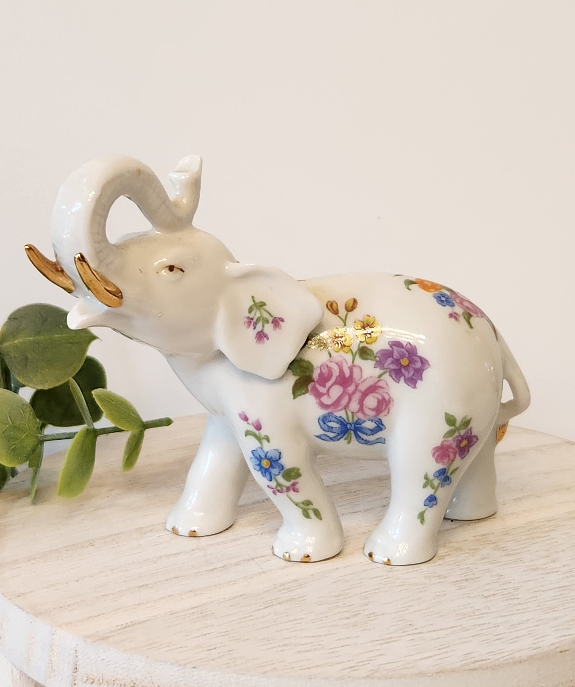 White Elephant Trunk Up Ceramic Figurine 9”L x 6 3/8”H x 4” W