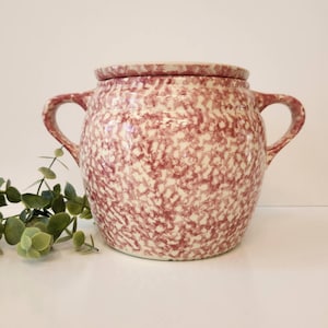 Vintage Friendship Pottery Roseville Ohio Pink Spongeware Casserole Bean Pot, 3 Quart, Farmhouse Style Stoneware
