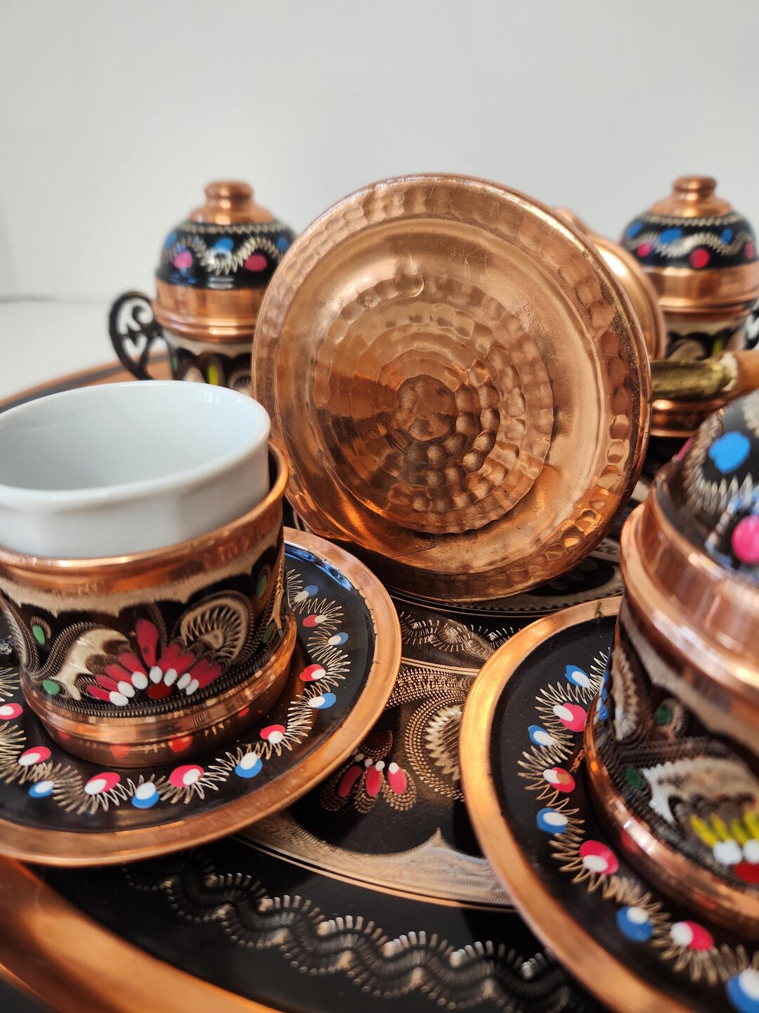 Hand Painted Turkish Copper Tea Set With Tray (as-is: Missing Cup/lid ...
