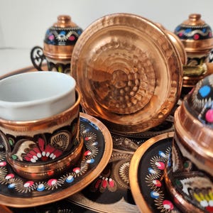 Turkish Hand Painted Varnished Copper Tea Set with Decorative Tray, Turkish Tea Service Luxury Tea Set / Set for 6/ as-is