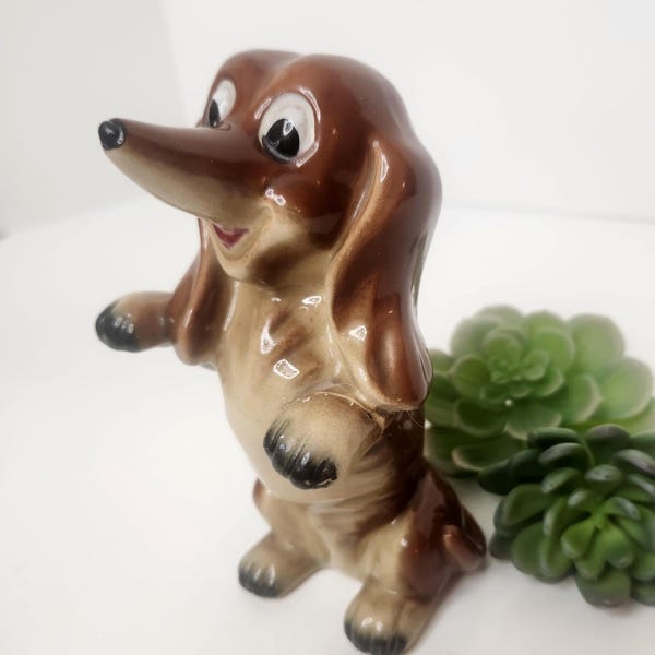 Vintage Brinnco Japan Ceramic Begging Dachshund Figurine | Mid Century Glazed Pottery Wiener Dog Statue | 6 Inch