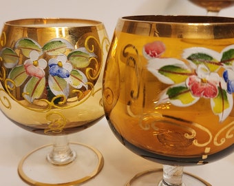 Bohemian Glass Brandy Sniffer Gold & Amber with Handpainted flowers