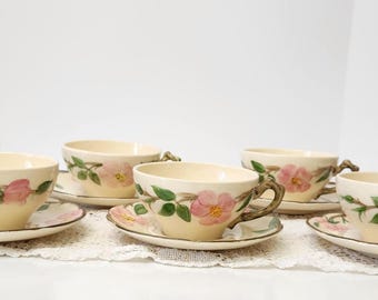 Vintage Franciscan Desert Rose Tea Cup and Saucer Set | Six-Piece Collection | 1950s California Pottery