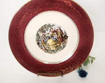 Vintage 1930s 1940s Salem China Co Imperial Service Plate 10.5 Inch Maroon Burgundy 23K Gold Filigree Victorian Courting Couple USA