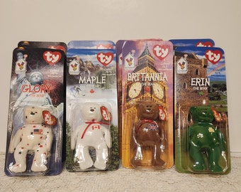 Ty Beanie Babies, Complete Set of McDonald's 1999 International Bears, Maple, Britannia, Glory and Erin.