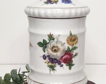 Jarra de porcelana bávara vintage Bareuther Waldsassen con tapa - Murillo "Comedores de uvas y melones" y ramo de flores - Ribete dorado