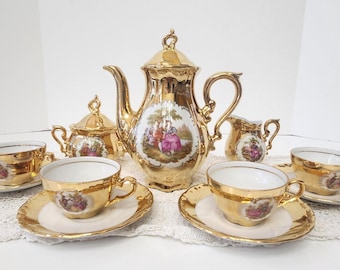 Vintage  JKW Bavaria Western Germany Teapot Set | Josef Kuba Gold Courting Couple Tea Service | Mid-Century Bavarian Porcelain