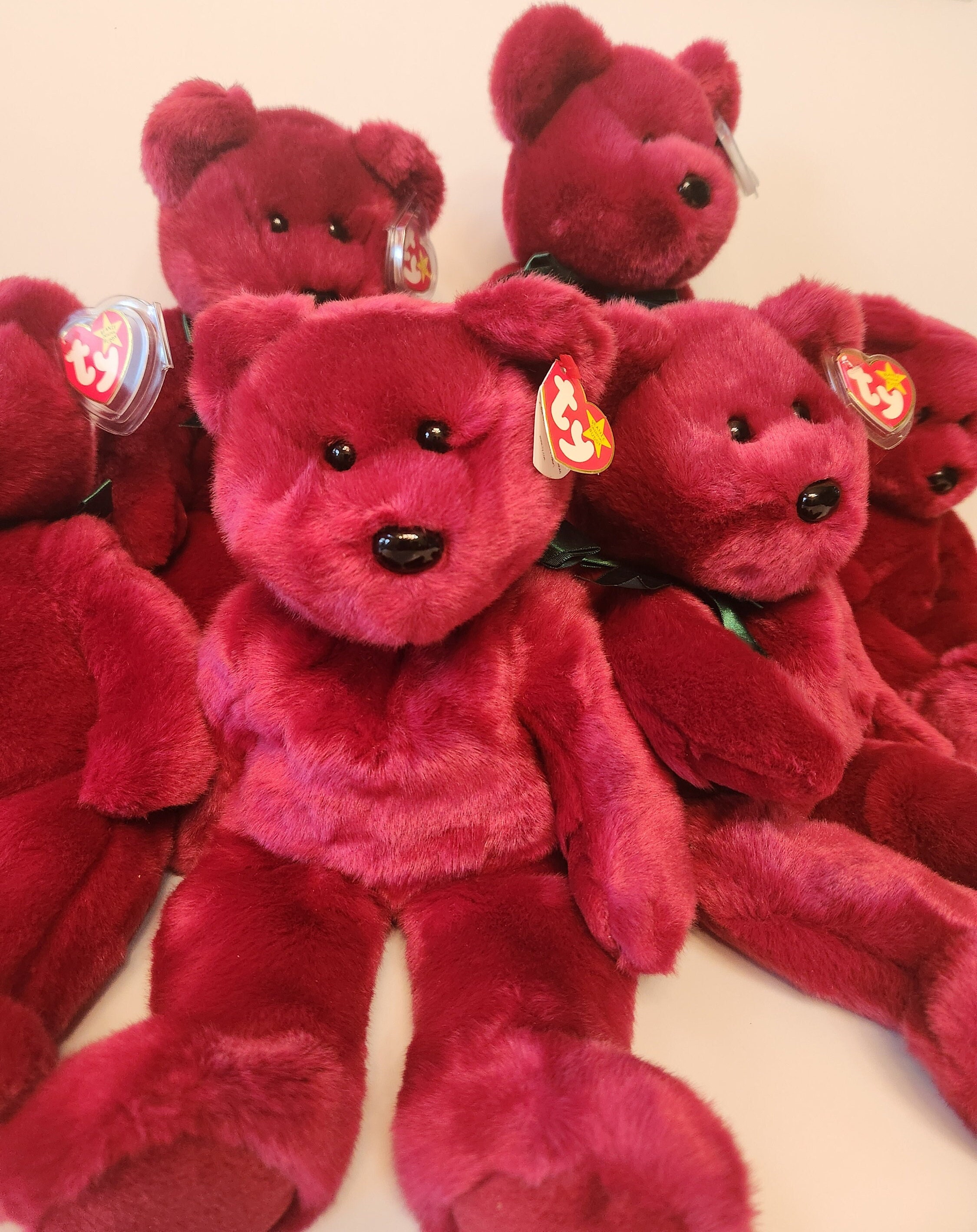 VTG 1998 Cranberry Red Teddy Beanie Buddy Silky Green Ribbon Neck Bow Stuffed Animals Buddies Babies Plush Plushie