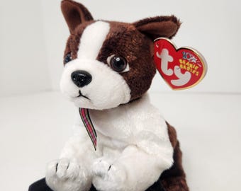 Vintage Ty Beanie Baby Sport the Dog - Boston Terrier Puppy with Plaid Ribbon 2002 - MWMT