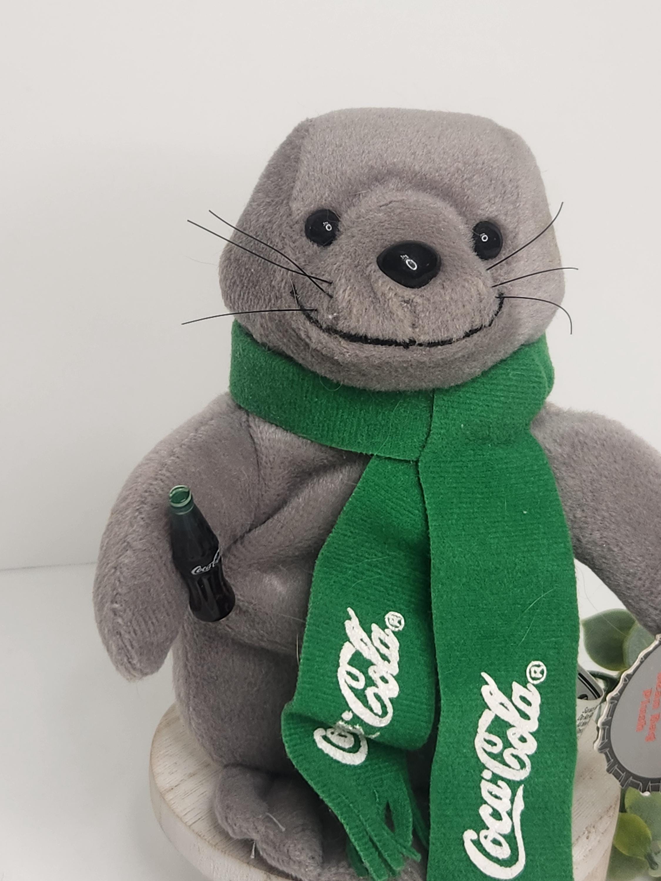 Vintage 1998 Coca-cola Seal Bean Bag Plush - Gray Seal With Green