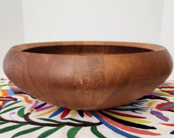 Large 15" Dansk Teak Salad Bowl | Jens Quistgaard IHQ Denmark | Mid Century Modern Stave Wood Centerpiece | Early Production