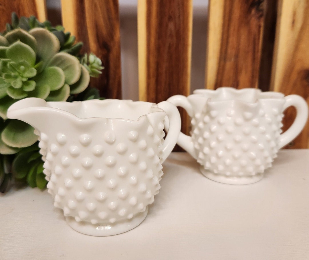 Fenton White Milk Glass Hobnail Creamer and Sugar Bowl Set Etsy