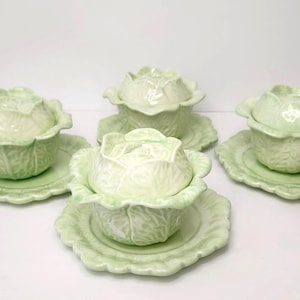 Vintage 1986  Holland Mold Cabbage Leaf Hand Painted  Soup Tureens with Lids and Underplates | Set of 6| Pastel Green  / Calif. Pottery