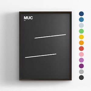 Pistas del MUC, Aeropuerto de Múnich, Impresión minimalista de póster, Decoración en lienzo para el hogar, Regalo de viaje enmarcado, Arte mural de aviación, Señal de mapa de tránsito