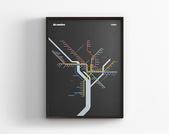 DC Metro Map / Dark Mode / Washington DC / Minimal Poster Print / Subway Style Wall Art Sign / Canvas Home Decor / Black Frame Travel Gift