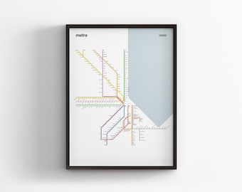Metra Rail Light Mode Map, Minimal Poster Print, Canvas Home Decor, Framed Travel Gift, Subway Style Wall Art, Metro Rail Transit Sign