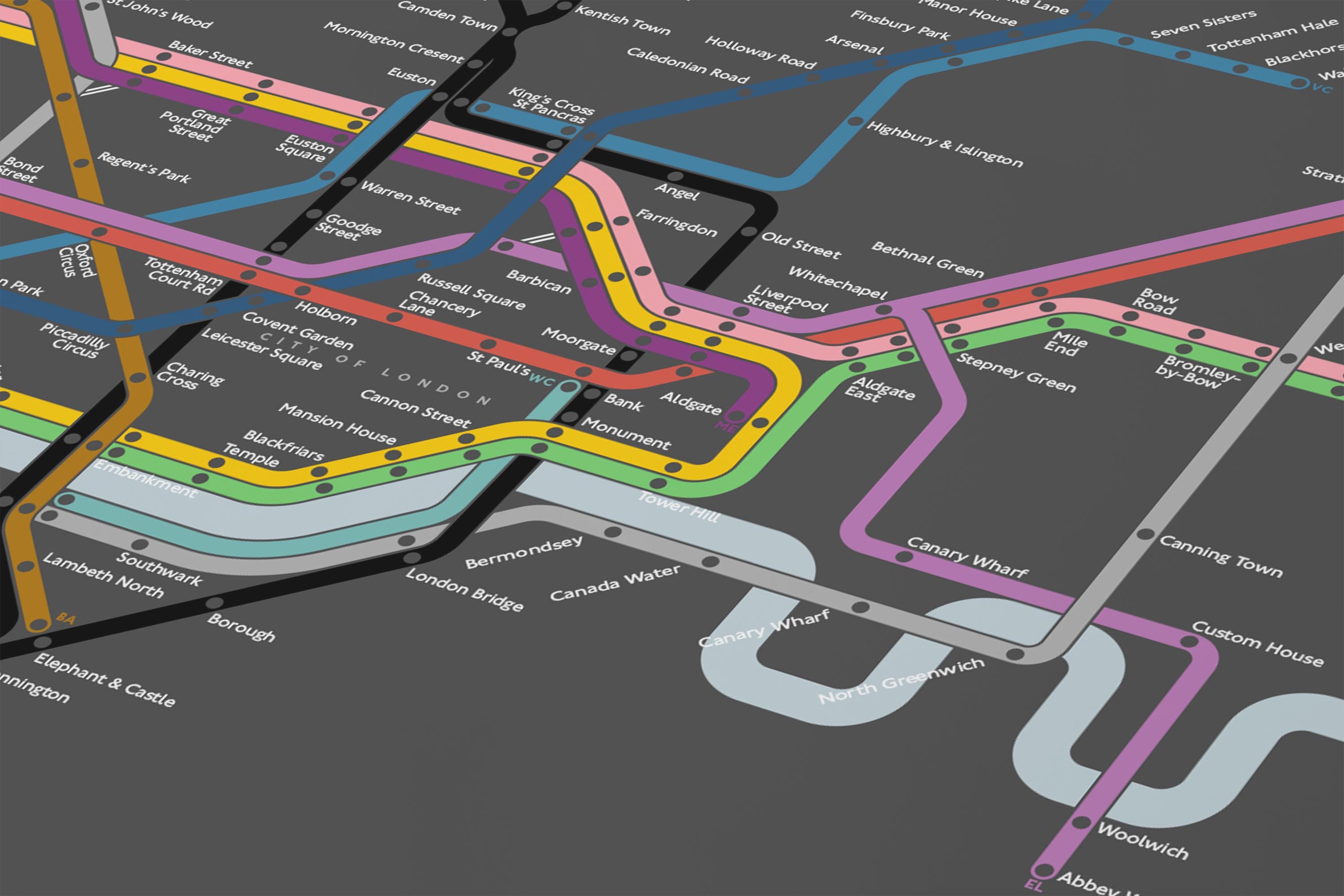 London Underground Vertical Dark Mode Tube Map / Minimal Poster Print ...