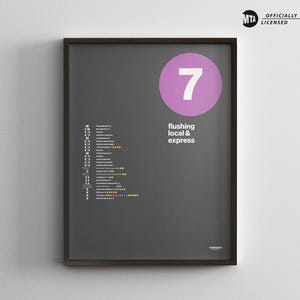 Mapa do trem NYC 7 / Impressão de pôster minimalista / Arte de parede no estilo metrô de Nova York / Decoração para casa em tela / Placa de metrô / Presente de viagem emoldurado