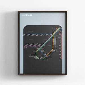 May include: A framed poster featuring a Muni Metro transit map on a dark gray background. The map displays colorful transit lines in orange, blue, green, and purple, with white text labels for stations. The top left corner includes the text muni metro.