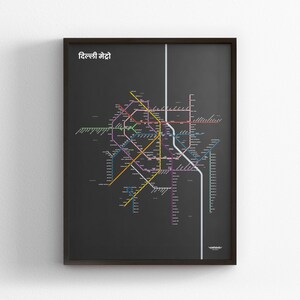 Neu-Delhi Metro, Hindi Dark Mode Karte, Minimaler Poster-Druck, Leinwand Wohndekor, gerahmtes Reisegeschenk, U-Bahn-Stil Wandkunst, Tunnelschild