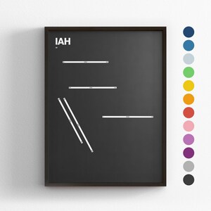 IAH Runways, Houston George Bush Airport, Minimal Poster Druck, Leinwand Wohnkultur, gerahmt Reisegeschenk, Luftfahrt Wandkunst, Transport Karte Zeichen
