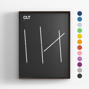 Pistas de CLT, Aeropuerto Internacional Charlotte Douglas, Impresión minimalista de póster, Decoración en lienzo, Regalo de viaje enmarcado, Arte mural de aviación, Letrero de mapa de tránsito