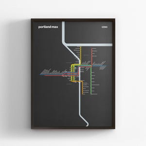 Portland Max, Mapa en modo oscuro, Impresión minimalista de póster, Decoración en lienzo para el hogar, Regalo de viaje enmarcado, Arte mural estilo metro, Señal de tránsito del metro