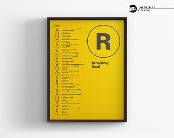 New Yorker U-Bahn-Karte (R-Linie) – einfarbig / Minimalistisches Poster / Wandbild im New Yorker U-Bahn-Stil / Leinwandbild / Gerahmtes Eisenbahnschild – das perfekte Geschenk für Reisende