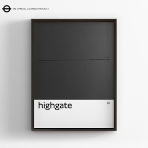 May include: A framed rectangular wall art print featuring a dark gray background with a white horizontal band at the bottom containing the black text "highgate" and a small round logo. The top left corner displays "TFL OFFICIAL LICENSED PRODUCT".