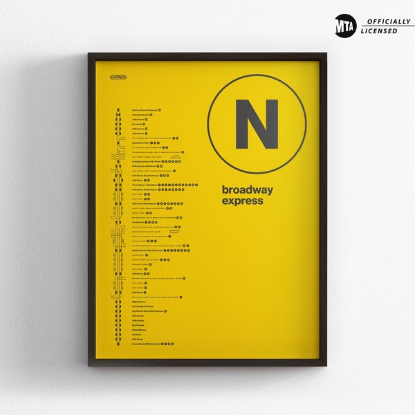 NYC N Train Map One Color / Minimal Poster Print / New York City Subway Style Wall Art / Canvas Home Decor / Framed Rail Sign Travel Gift
