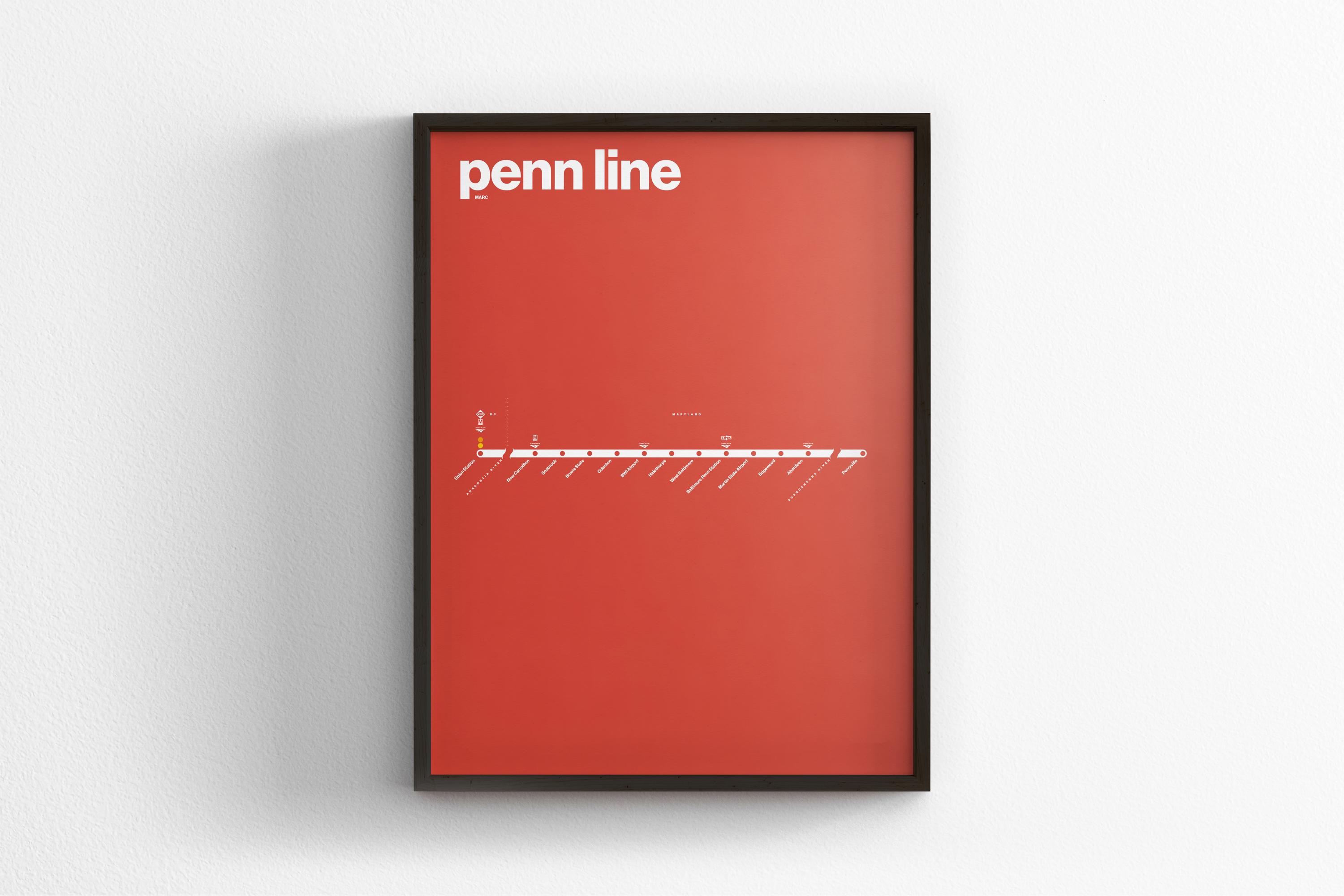MARC Penn Line / Washington DC Baltimore / Minimal Map Poster Print / Subway Style Wall Art / Canvas Home Decor / Black Frame Travel Gift